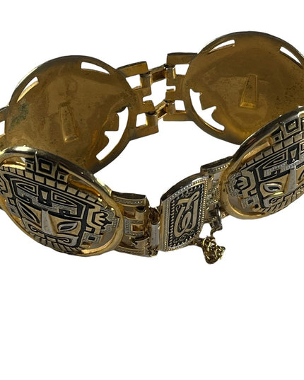 Vintage 1960s Gold plated damascene bangle bracelet chunky Inka God Spain