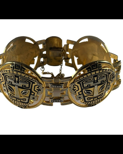 Vintage 1960s Gold plated damascene bangle bracelet chunky Inka God Spain