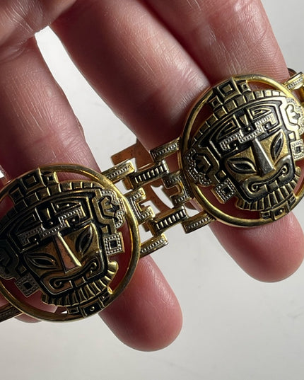 Vintage 1960s Gold plated damascene bangle bracelet chunky Inka God Spain