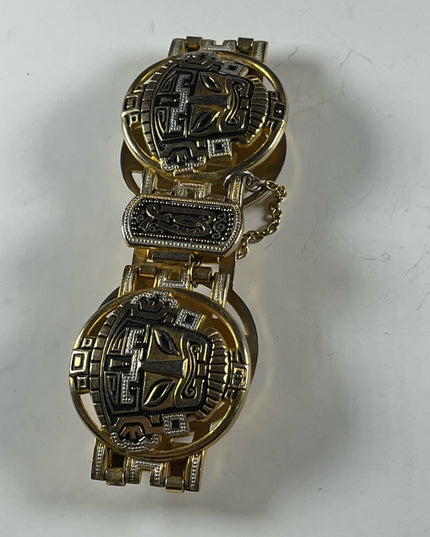 Vintage 1960s Gold plated damascene bangle bracelet chunky Inka God Spain