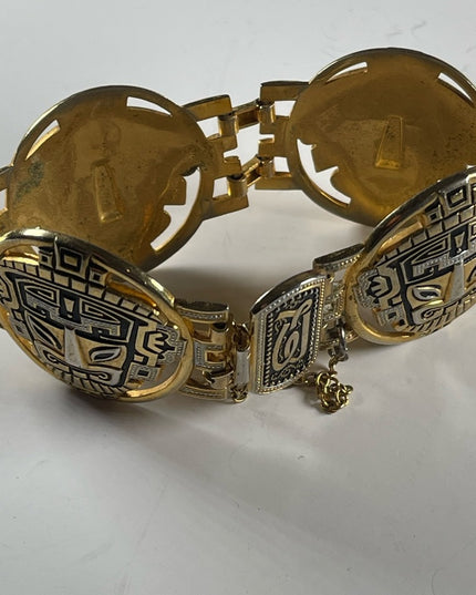 Vintage 1960s Gold plated damascene bangle bracelet chunky Inka God Spain