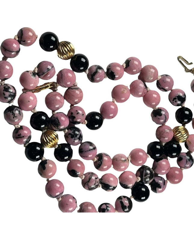 Vintage 14k Gold Bead Rhodonite & Black Onyx necklace