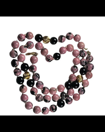 Vintage 14k Gold Bead Rhodonite & Black Onyx necklace