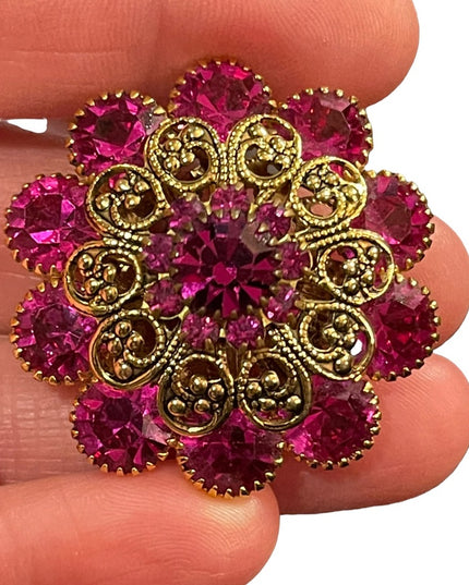 Vintage 1960s Fucia and gold filagree crystal flower brooch LG CZECH
