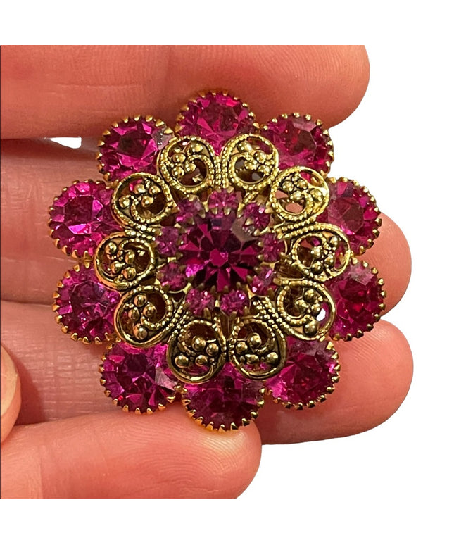 Vintage 1960s Fucia and gold filagree crystal flower brooch LG CZECH