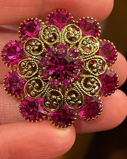 Vintage 1960s Fucia and gold filagree crystal flower brooch LG CZECH