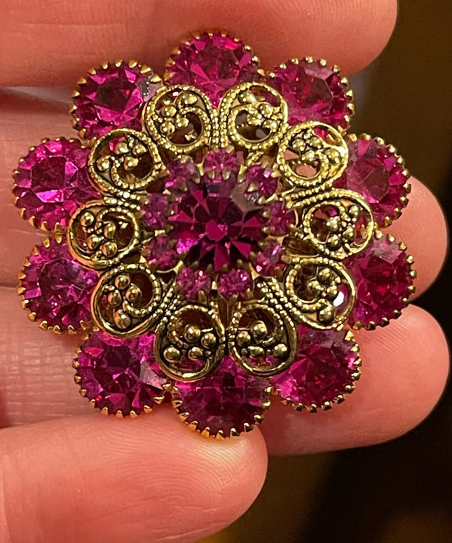 Vintage 1960s Fucia and gold filagree crystal flower brooch LG CZECH