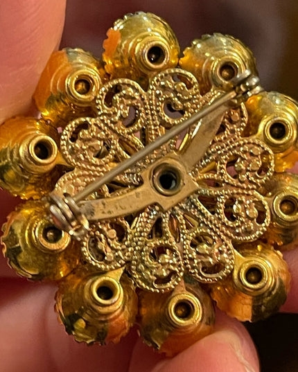 Vintage 1960s Fucia and gold filagree crystal flower brooch LG CZECH