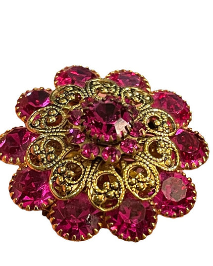 Vintage 1960s Fucia and gold filagree crystal flower brooch LG CZECH