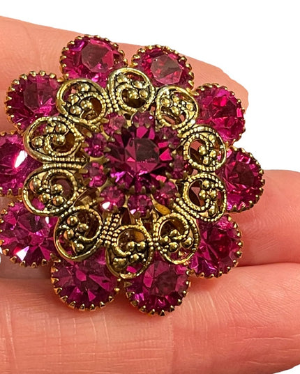 Vintage 1960s Fucia and gold filagree crystal flower brooch LG CZECH
