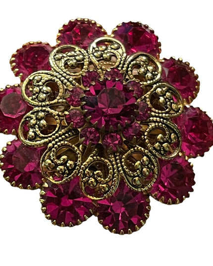 Vintage 1960s Fucia and gold filagree crystal flower brooch LG CZECH