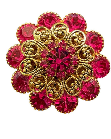 Vintage 1960s Fucia and gold filagree crystal flower brooch LG CZECH
