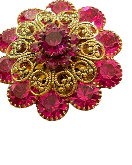 Vintage 1960s Fucia and gold filagree crystal flower brooch LG CZECH