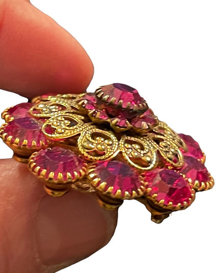 Vintage 1960s Fucia and gold filagree crystal flower brooch LG CZECH