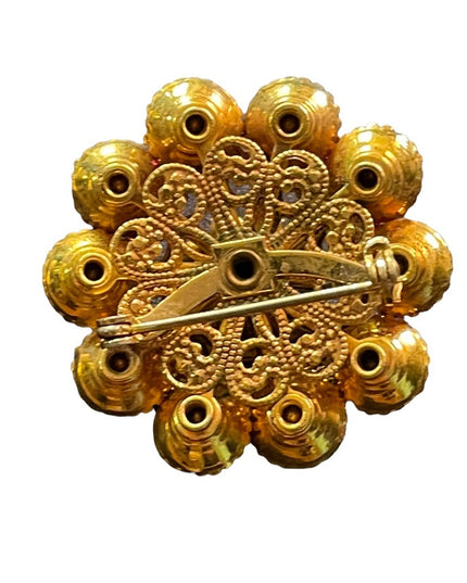 Vintage 1960s Fucia and gold filagree crystal flower brooch LG CZECH