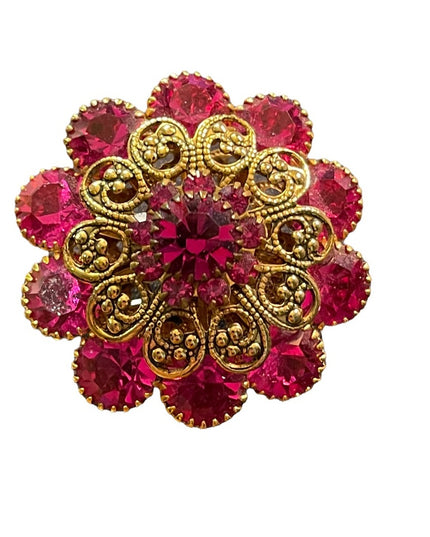 Vintage 1960s Fucia and gold filagree crystal flower brooch LG CZECH