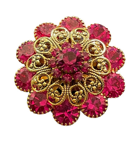 Vintage 1960s Fucia and gold filagree crystal flower brooch LG CZECH