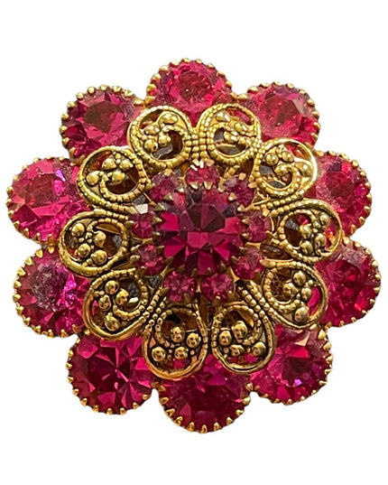 Vintage 1960s Fucia and gold filagree crystal flower brooch LG CZECH