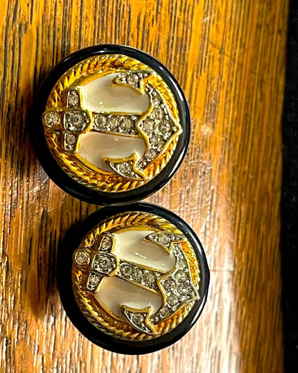 Vintage Ships anchor Nautical Earrings with black resin and crystal with enamel