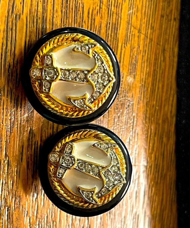 Vintage Ships anchor Nautical Earrings with black resin and crystal with enamel