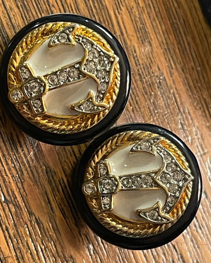 Vintage Ships anchor Nautical Earrings with black resin and crystal with enamel