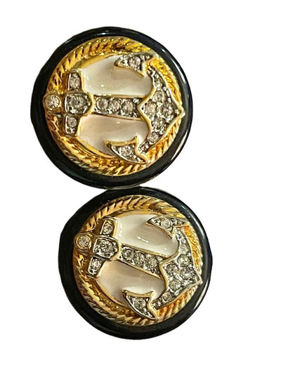 Vintage Ships anchor Nautical Earrings with black resin and crystal with enamel