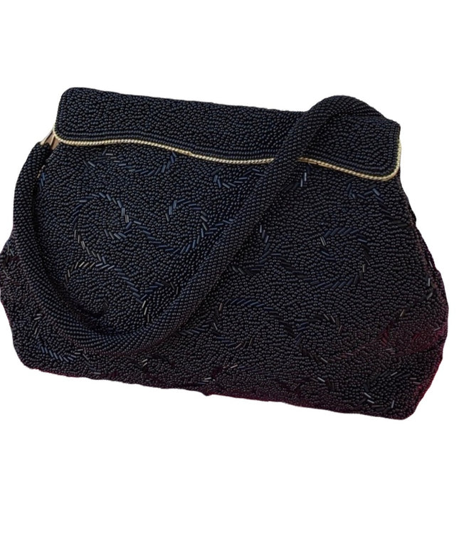 Vintage black bead evening bag 1950s