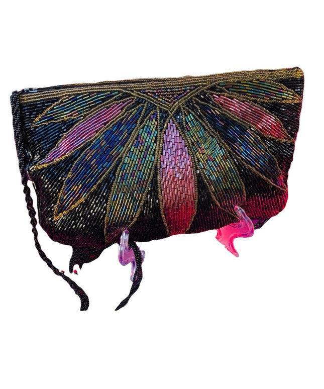 Vintage black colorful beaded evening bag peacock BOB Mackie style color