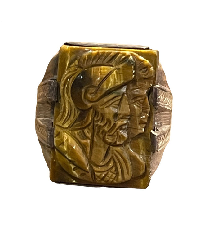 Antique sterling Tiger eye trojan cameo ring