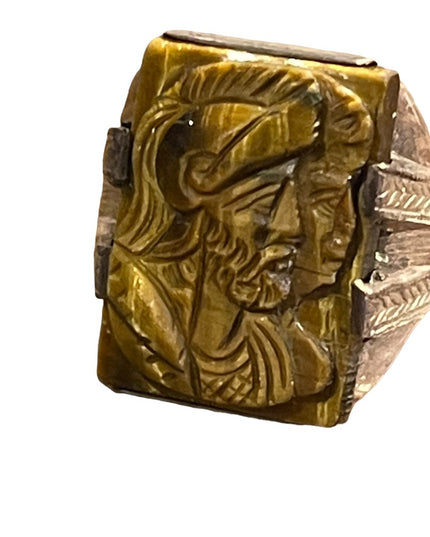 Antique sterling Tiger eye trojan cameo ring