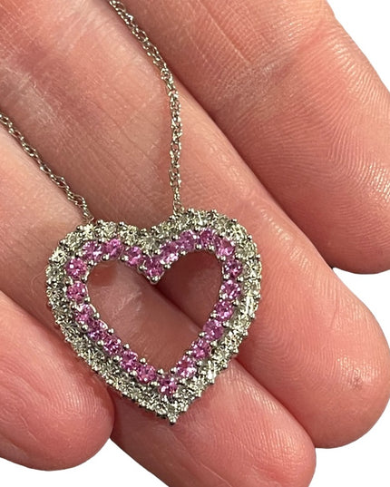 Sterling silver REAL diamond pink topaz heart necklace 925