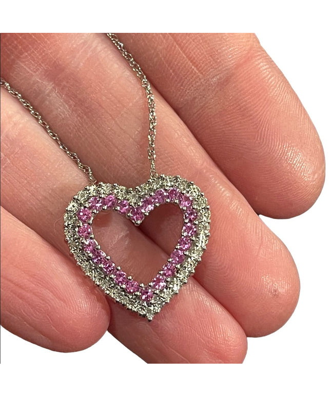 Sterling silver REAL diamond pink topaz heart necklace 925