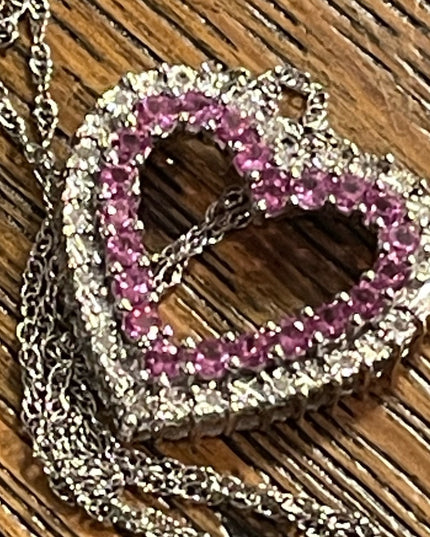 Sterling silver REAL diamond pink topaz heart necklace 925