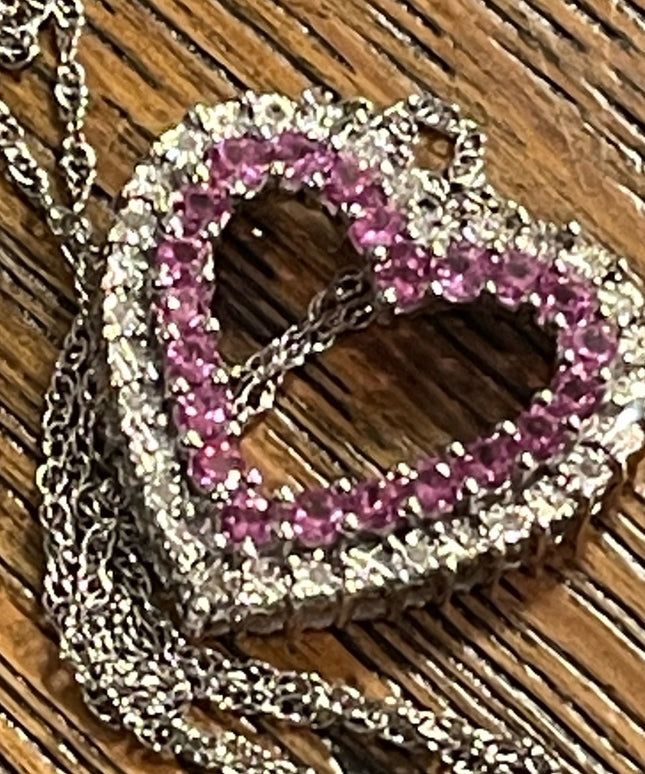 Sterling silver REAL diamond pink topaz heart necklace 925