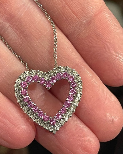 Sterling silver REAL diamond pink topaz heart necklace 925
