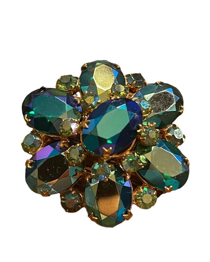 Vintage Blue Green AB Juliana? Gold finish brooch 1960s