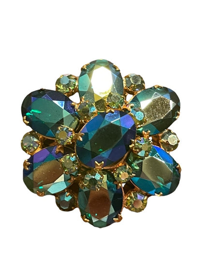 Vintage Blue Green AB Juliana? Gold finish brooch 1960s