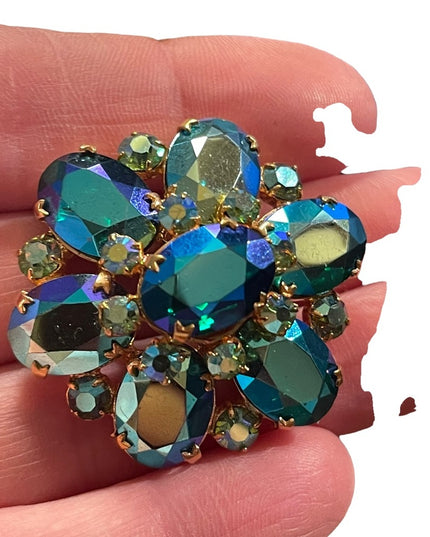 Vintage Blue Green AB Juliana? Gold finish brooch 1960s