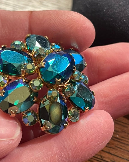 Vintage Blue Green AB Juliana? Gold finish brooch 1960s