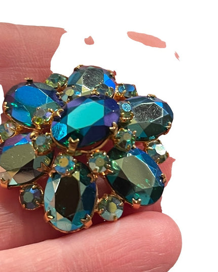 Vintage Blue Green AB Juliana? Gold finish brooch 1960s