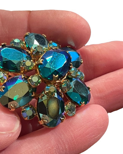 Vintage Blue Green AB Juliana? Gold finish brooch 1960s