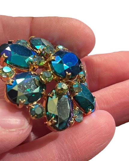 Vintage Blue Green AB Juliana? Gold finish brooch 1960s