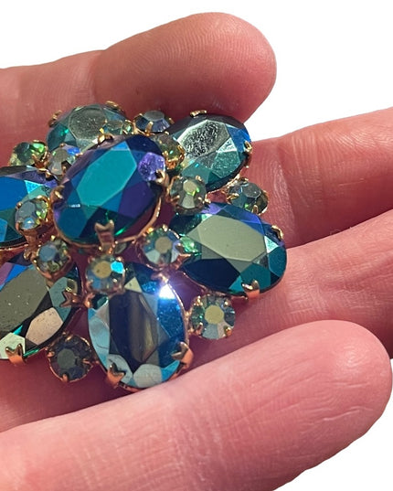 Vintage Blue Green AB Juliana? Gold finish brooch 1960s