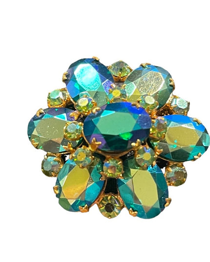 Vintage Blue Green AB Juliana? Gold finish brooch 1960s