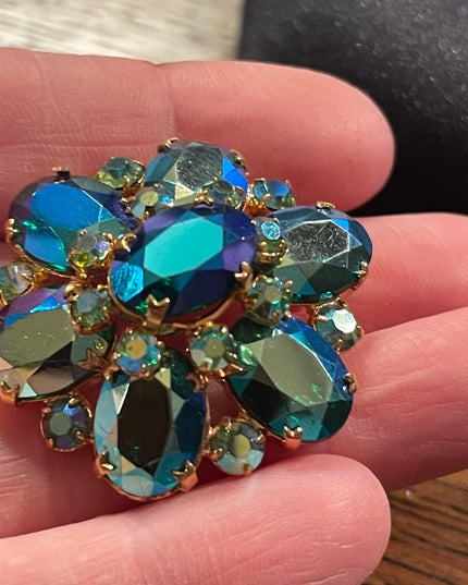 Vintage Blue Green AB Juliana? Gold finish brooch 1960s