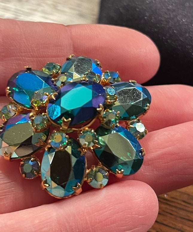 Vintage Blue Green AB Juliana? Gold finish brooch 1960s