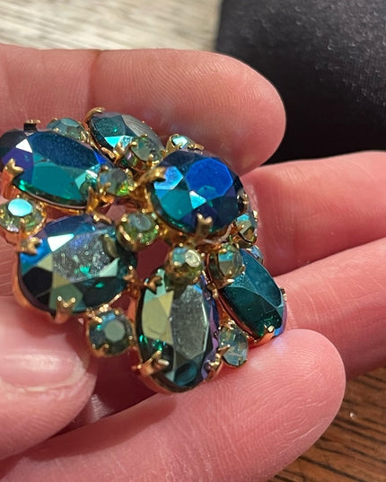 Vintage Blue Green AB Juliana? Gold finish brooch 1960s