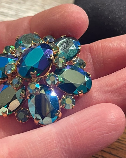 Vintage Blue Green AB Juliana? Gold finish brooch 1960s
