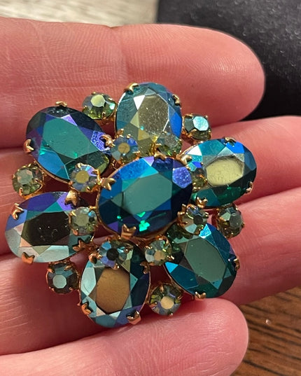 Vintage Blue Green AB Juliana? Gold finish brooch 1960s