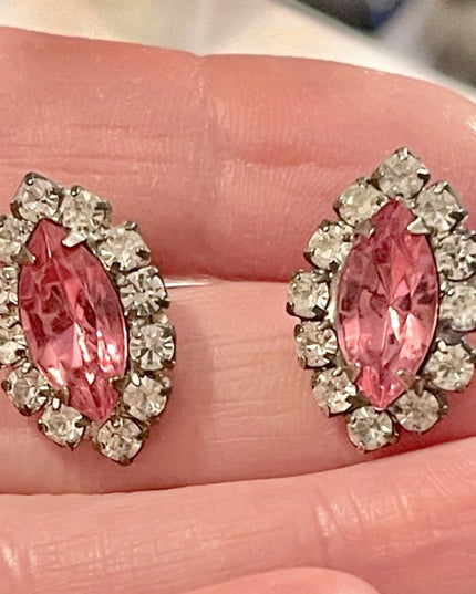 Vintage pink & clear crystal pierced earrings silver finish